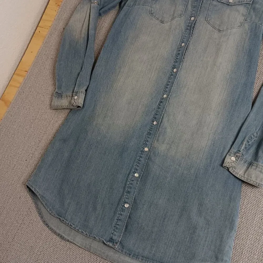 Buddy Basics Vintage Western Denim Dress M Blue Fade Pearl Snap Cowgirl Boho‎
